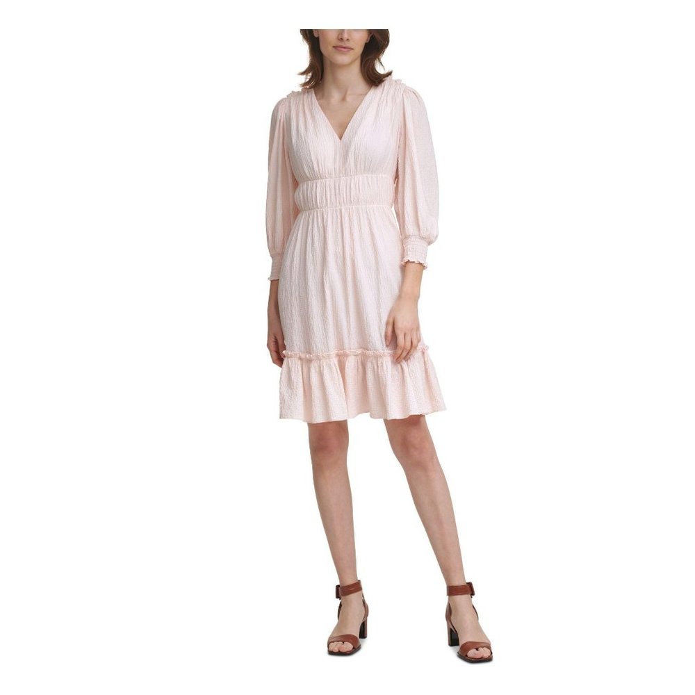 CALVIN KLEIN Blossom Pink Stretch Textured Ruffled Pullover 3/4 Sleeve